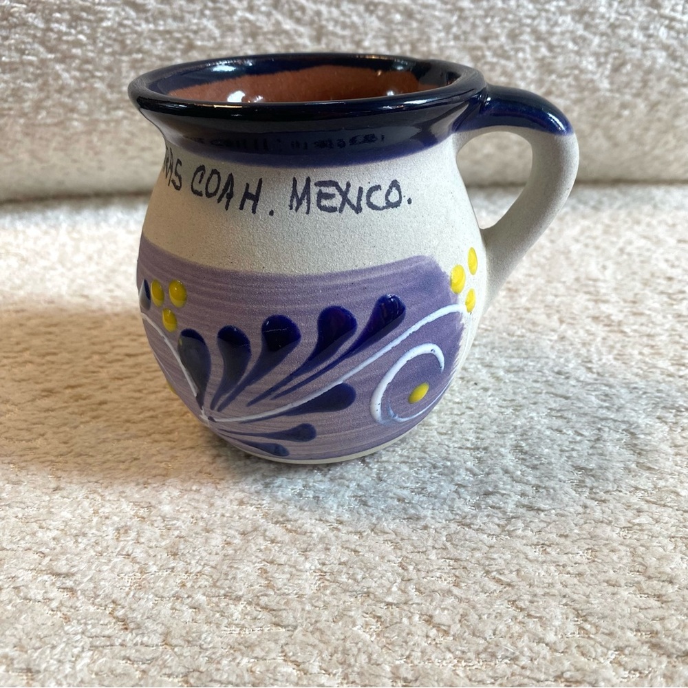 Vintage Hand Painted Mexican Pottery Mug Purple Yellow